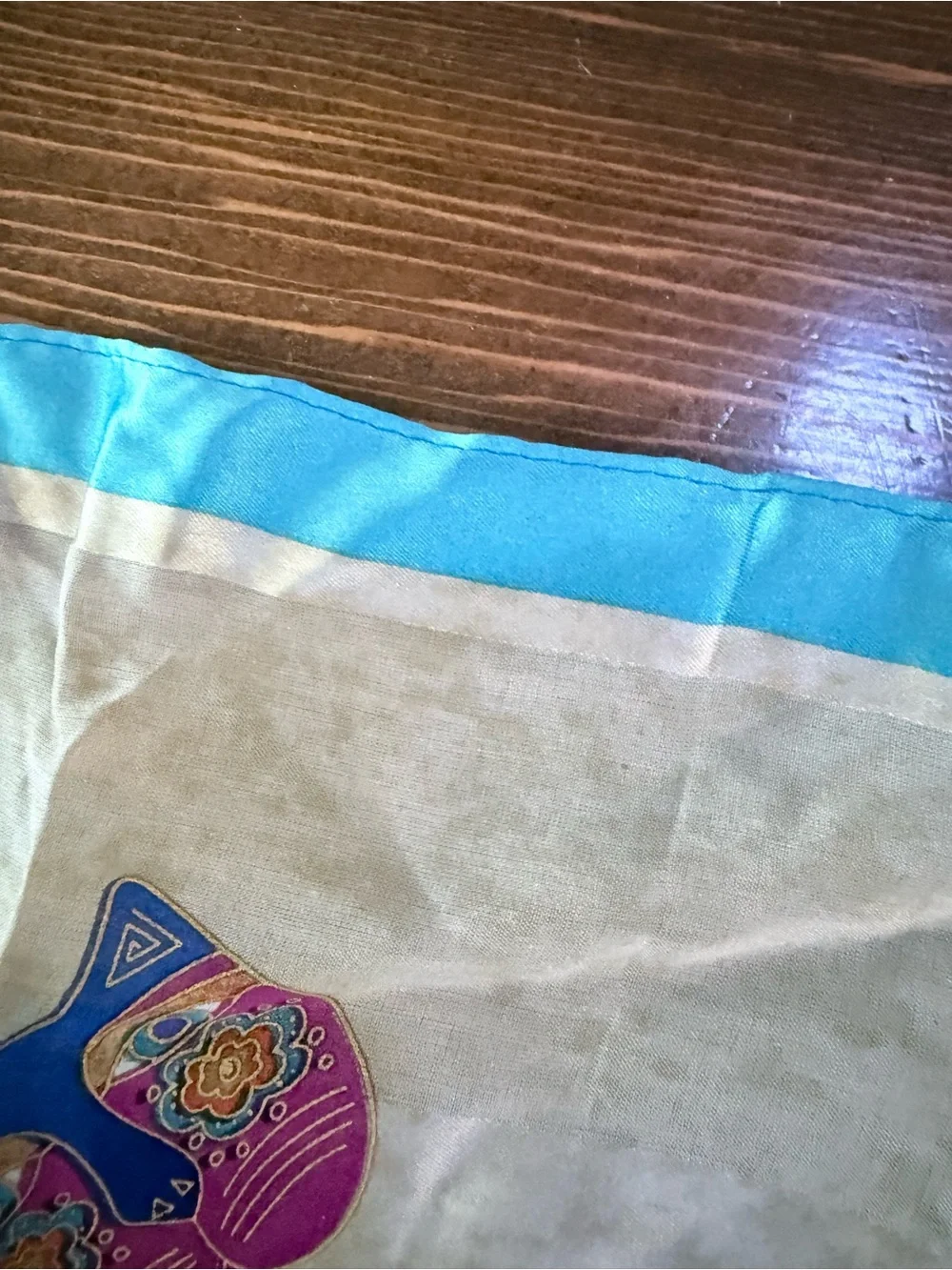 Laurel Burch Silk Scarf Vintage Cat Art Whimsical Feline Oblong 11x53 Blue⁠